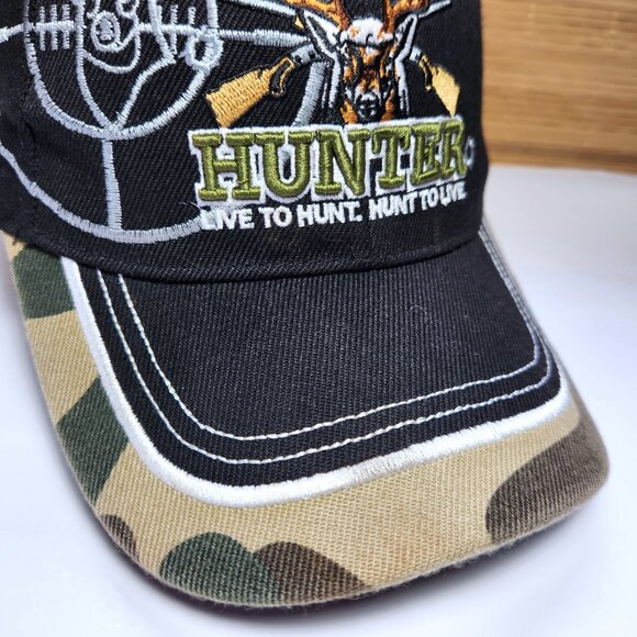 Hunter Hat Cap Live to Hunt Hook & Loop Adjustable Deer Buck Black & Cammo - Picture 4 of 12